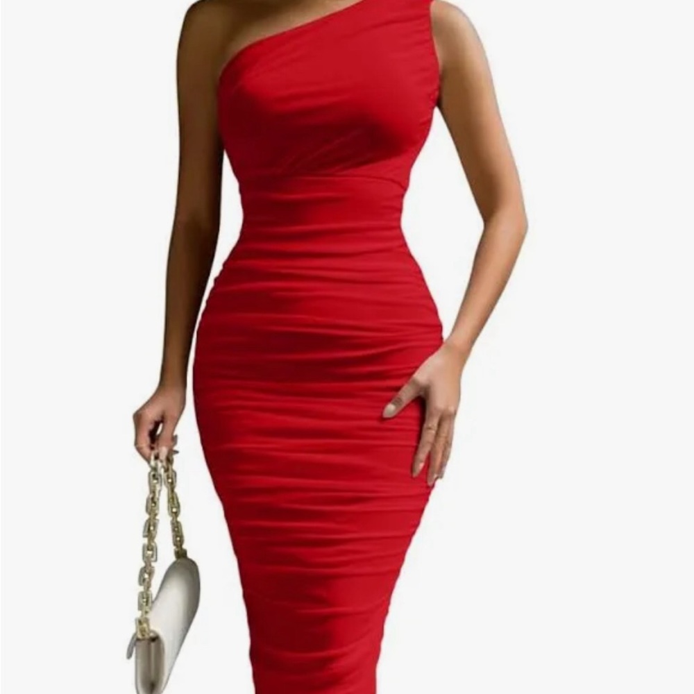 Women Sexy One Shoulder Ruched Sleeveless Bodycon Red Dresses Large